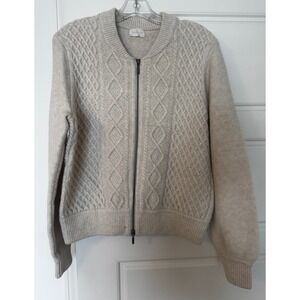 CASLON Cable Knit Zip-Up Bomber Cardigan - Ivory Pristine- Size M Wool Blend EUC